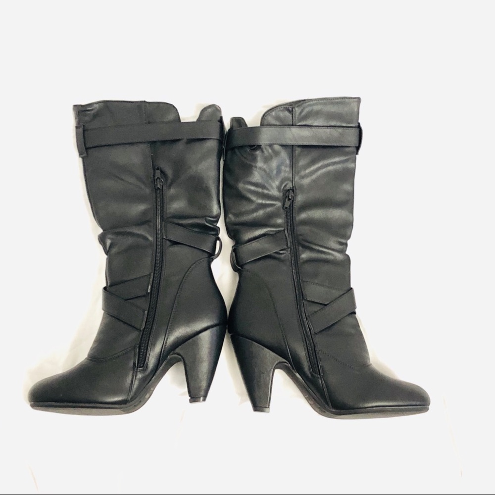 Black Closed Toe Cone Heel Belt Boots Size 7